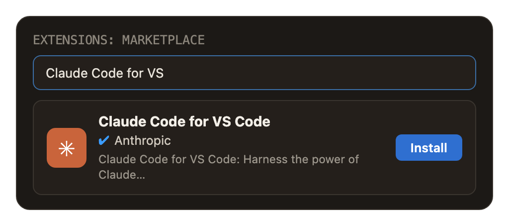 The Claude Code for VS Code extension by Anthropic in the marketplace